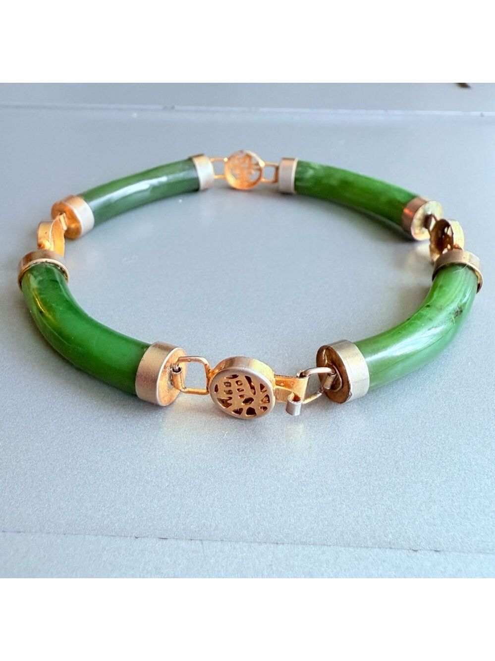 4 Lucky Wishes Natural Green Jade Nephrite Gold Tone Link Vintage Bracelet - Picture 8 of 9